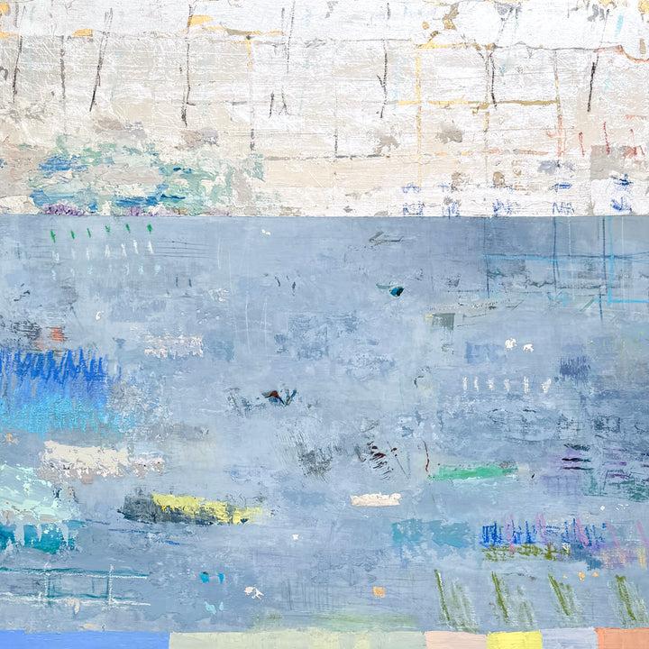 abstract blue, silver and gold mixed media 36X36 canvas with expressive colorful marks throughout