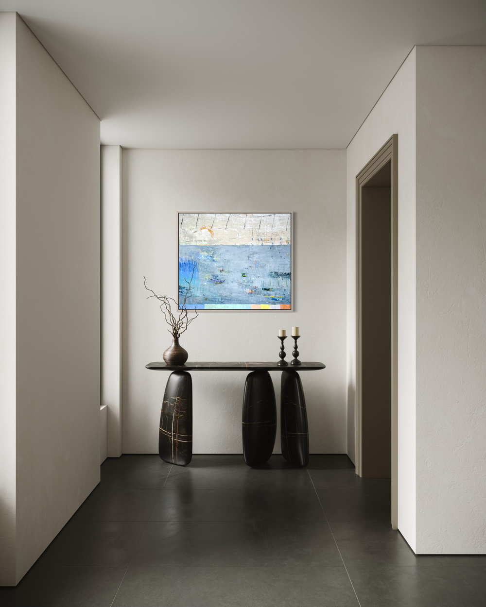 abstract blue, silver and gold mixed media 42X36 canvas with expressive colorful marks throughout in a hallway setting