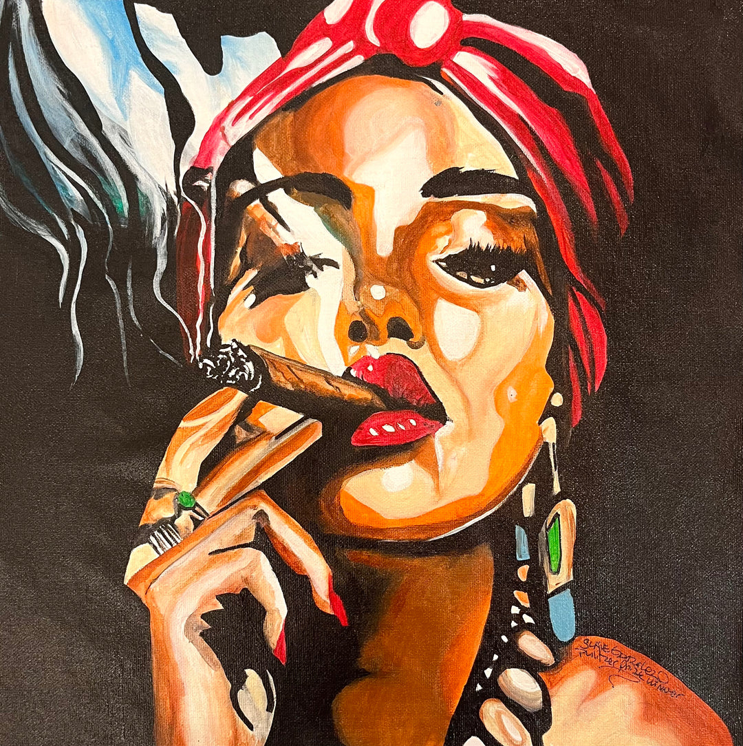 Smoking Hot is a bold, expressive original painting by US-based artist Suave Gonzalez. This striking work captures a woman in a moment of sultry confidence — red head wrap, bejeweled fingers, and a cigar held close — rendered in Gonzalez&