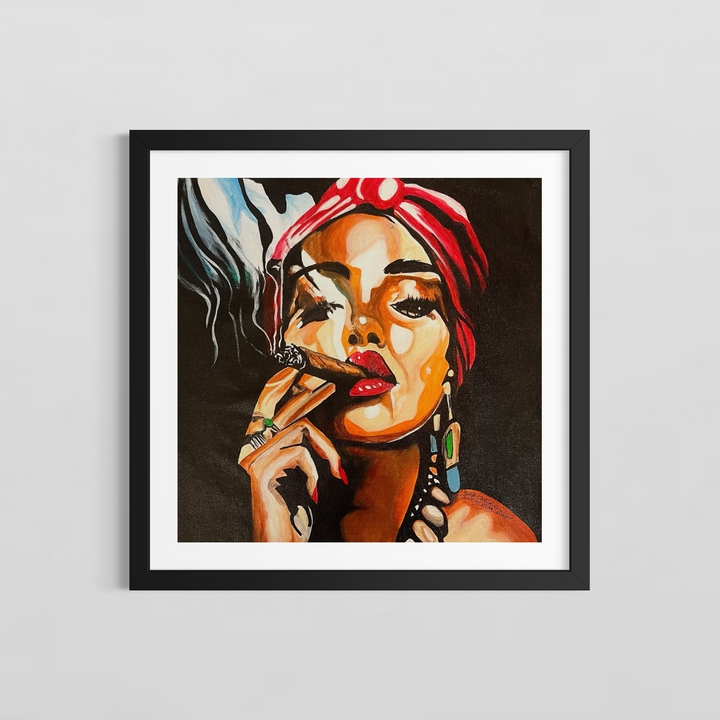 Smoking Hot is a bold, expressive original painting by US-based artist Suave Gonzalez. This striking work captures a woman in a moment of sultry confidence — red head wrap, bejeweled fingers, and a cigar held close — rendered in Gonzalez&