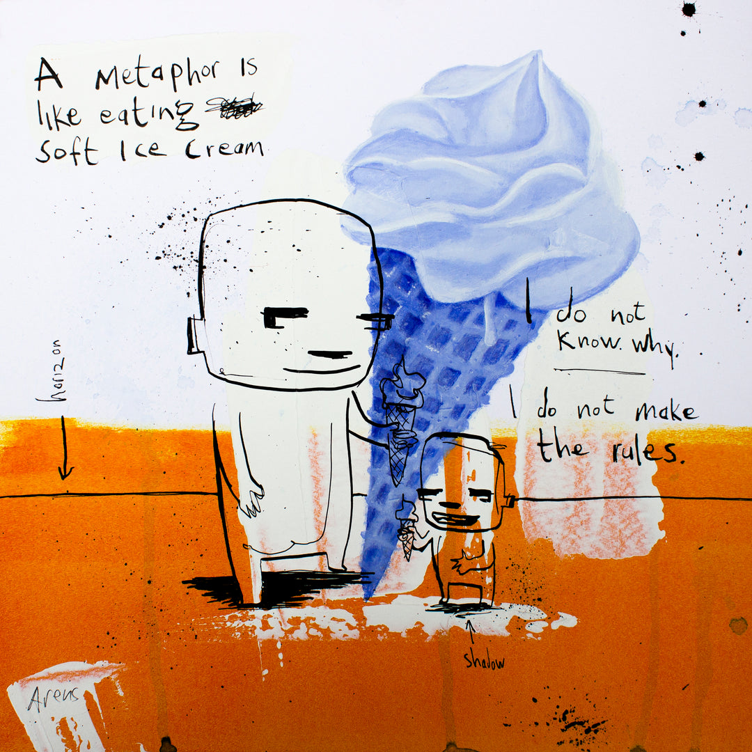 doodled sketchy characters holding icecream, with large life size blue realistic ice cream in the middle, with handwritten text, splattered ink, on orange and white background