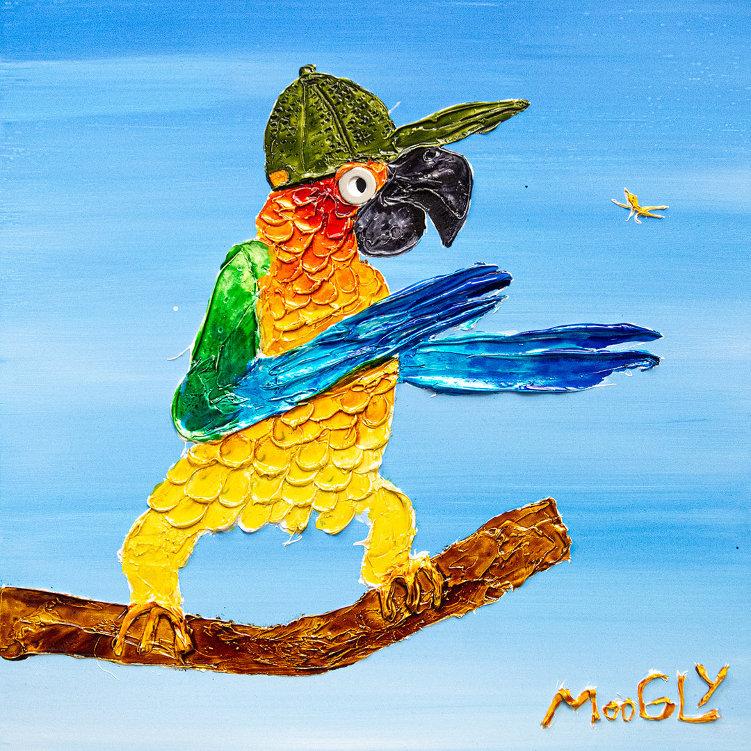 Acrylic 17" x 17" Sorry Mosquito artwork by Moogly. Blue background with an animated parrot wearing a baseball cap, swatting at a mosquito. Colorful and vibrant artwork.