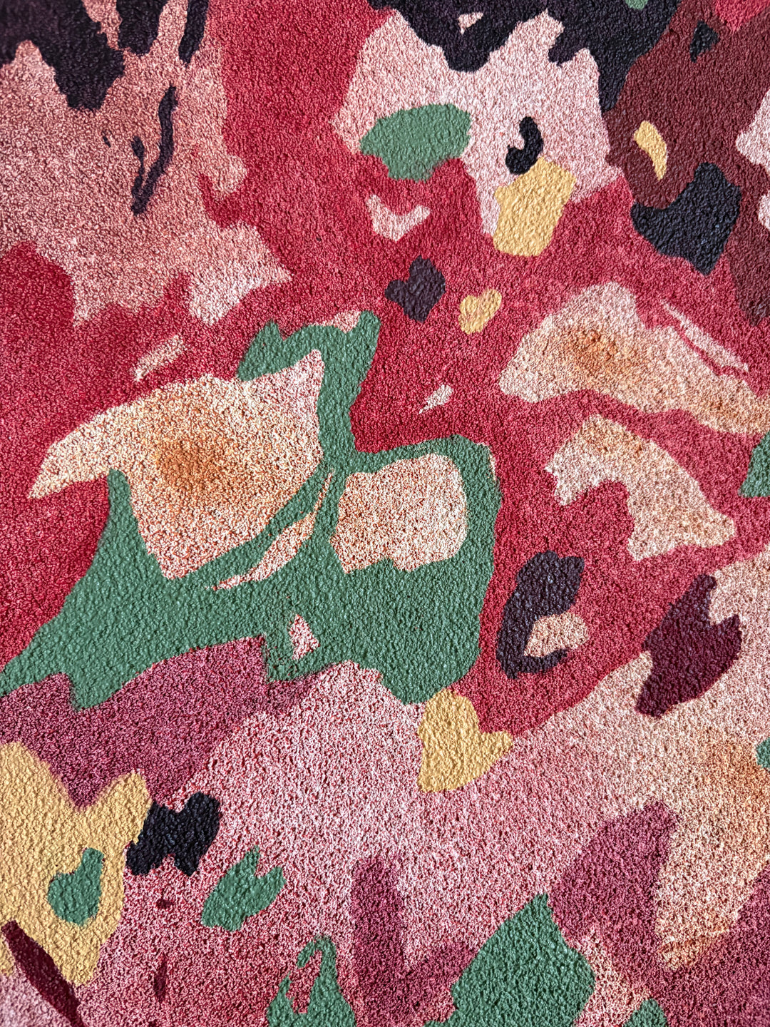 Abstract organic pumice painting in oil paint by local female artist natural shapes textures abstracted negative space line weight gradient of color reds browns yellows  on canvas