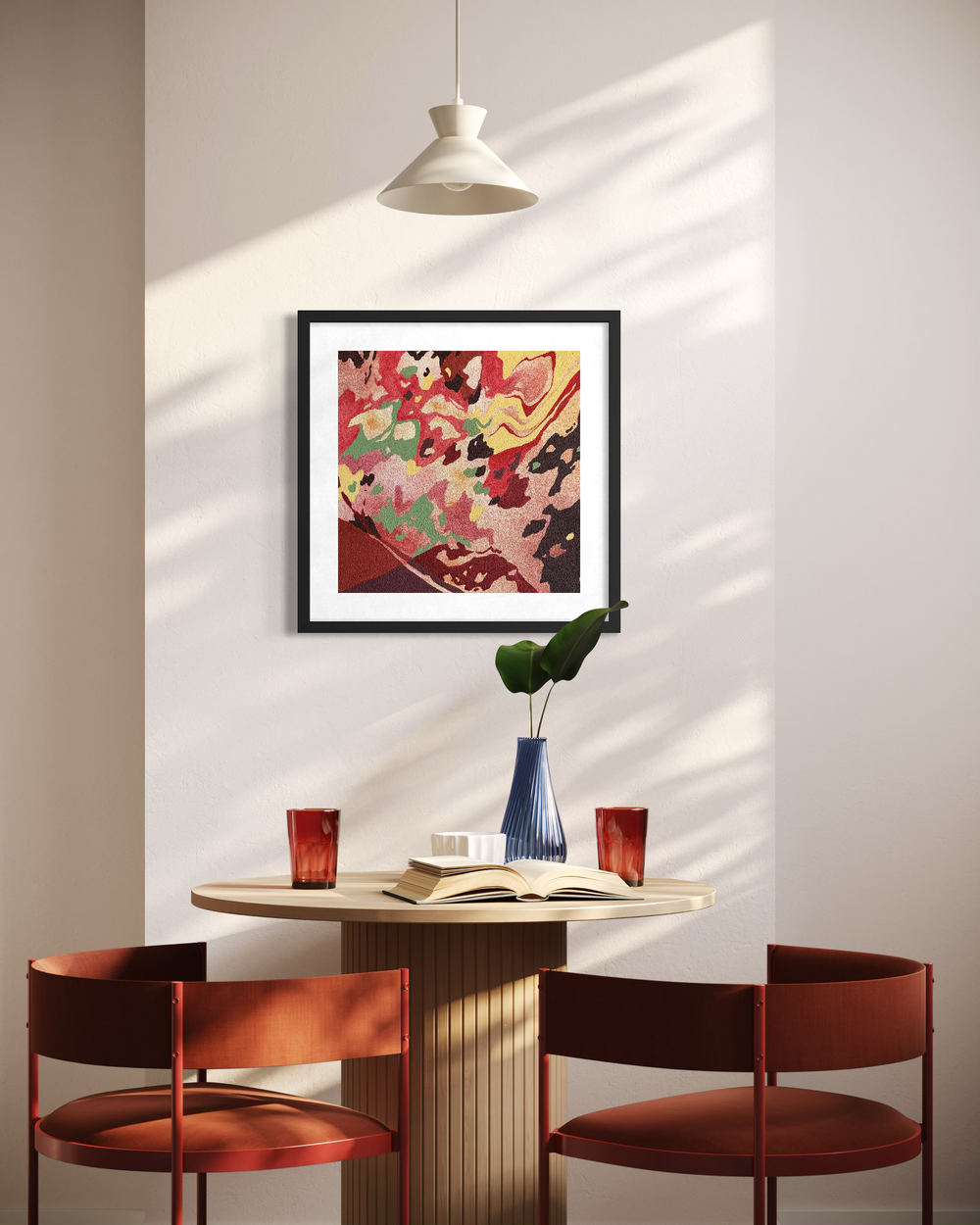 Abstract organic pumice painting in oil paint by local female artist natural shapes textures abstracted negative space line weight gradient of color reds browns yellows  on canvas