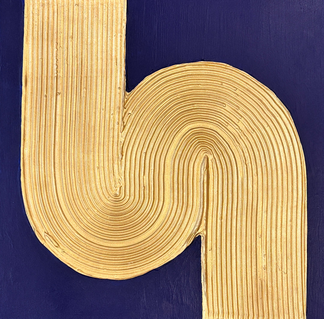 minimal geometric abstract organic shape in gold with lines curving and straight on blue background