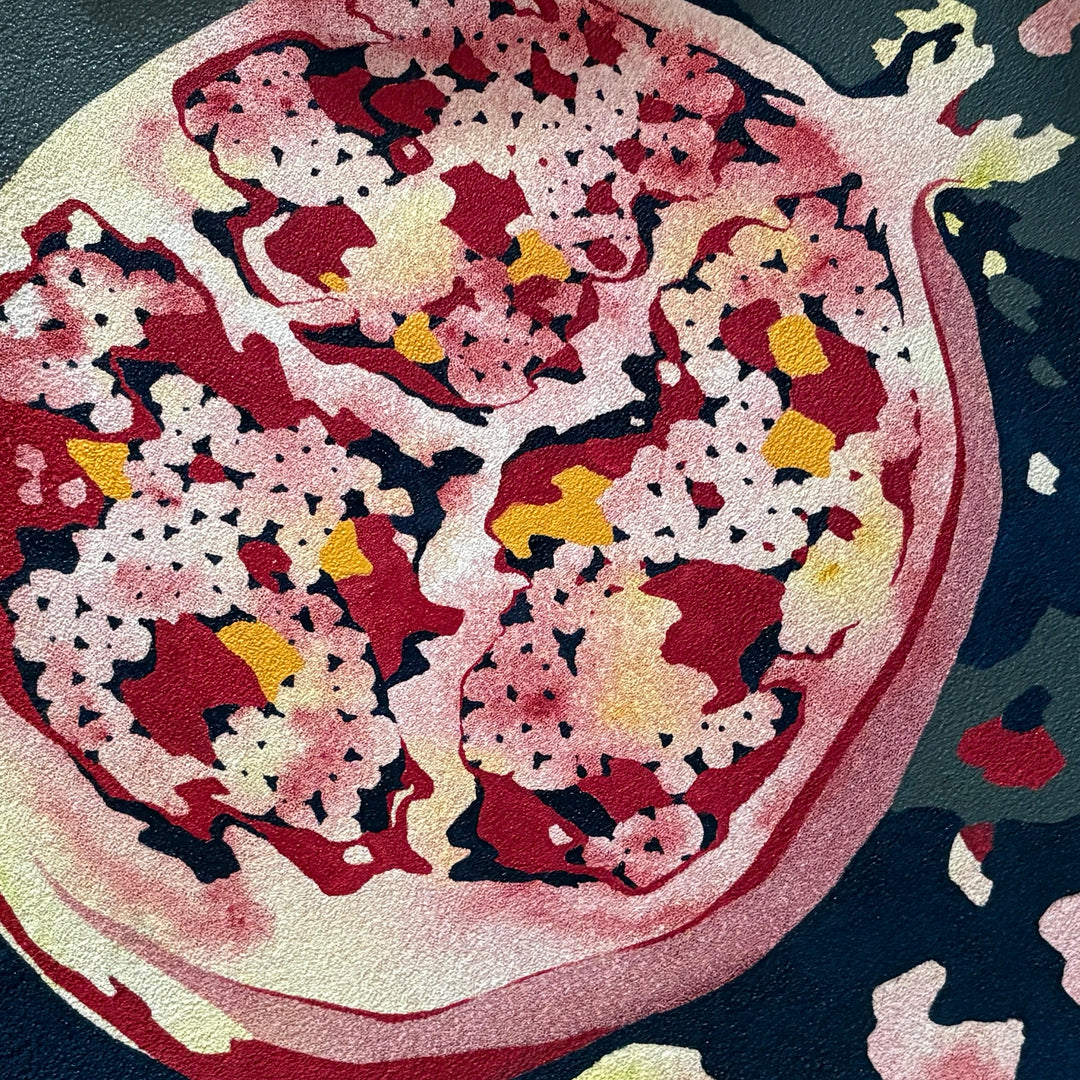 Spilling Out by Erin Touey – abstract oil painting on pumice-primed canvas with a pomegranate-like form in red, pink, white, and yellow against a dark navy background