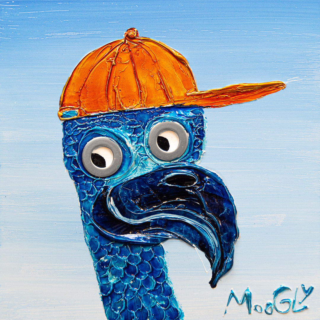 Acrylic 12" x 12" matted Sports Addict painting by Moogly. Navy and cobalt blue animated bird with washers as eyes, wearing an orange sideways baseball cap and looking to the left.