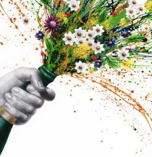 spring floral bouquet splatter paint expressionism coming out of champagne bottle with bee green and purple with realism black and white figure on white background