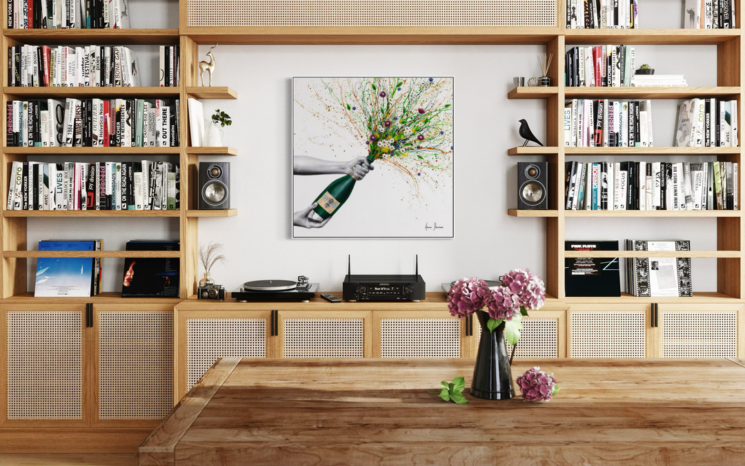 spring floral bouquet splatter paint expressionism coming out of champagne bottle with bee green and purple with realism black and white figure on white background