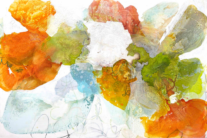 Liz Barber, Spring Promise, acrylic paint, ink, watercolor, graphite, and pastel on canvas, 72 x 50 inches. Horizontal abstract composition of overlapping rounded shapes in orange, coral, lime green, olive, sky blue, pale aqua, and white with fine graphite lines on a white background.