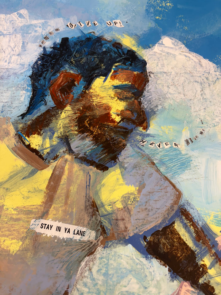 Angled detail of Stay in ya lane by Keith Andrews, showing the dribbling player&