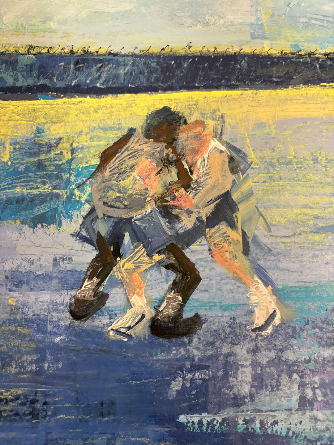 Angled detail of Stay in ya lane by Keith Andrews, showing two small background players guarding each other on a blue and yellow court in front of a dark fence.