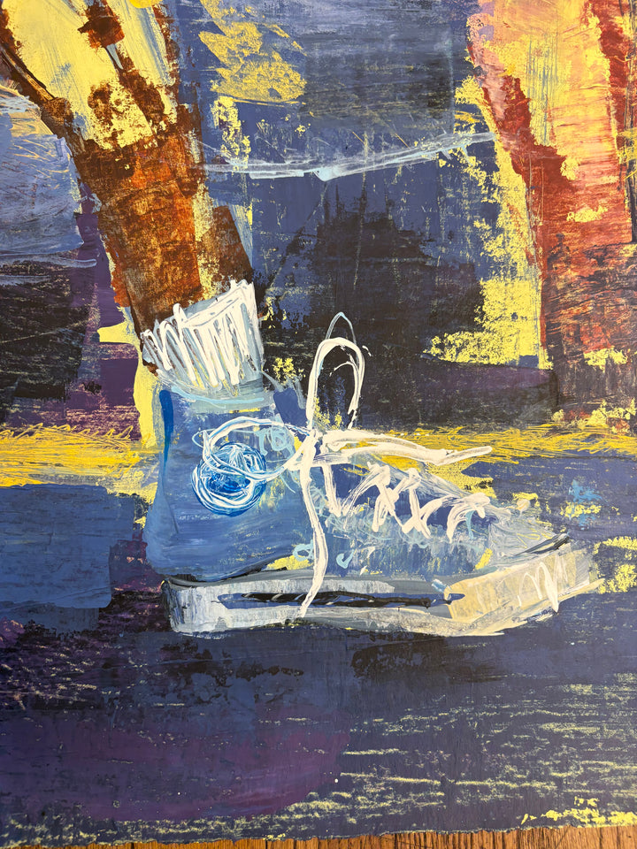 Angled detail of Stay in ya lane by Keith Andrews, showing a light blue high-top sneaker with white laces and a white sock on a dark blue painted court.
