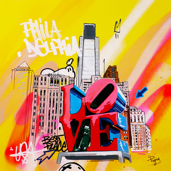 pop art graffiti love sign philadelphia buildings skyline illustration with text on yellow background