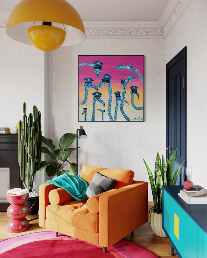 48" x 48" acrylic on canvas painting of blue birds with hats and eyes made of washers over a pink and yellow gradient background. 
