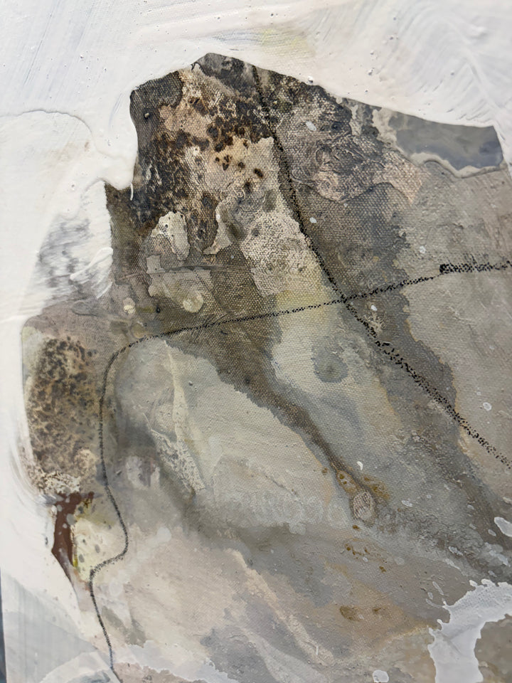 Close-up detail of "Summer Light 3" by Liz Barber, showing layered earthy brown and gray pigment with graphite line work on canvas