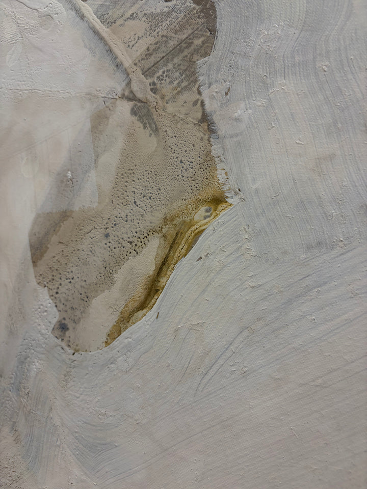 Close-up detail of "Summer Light 3" by Liz Barber, showing textured white and golden ochre pigment on canvas