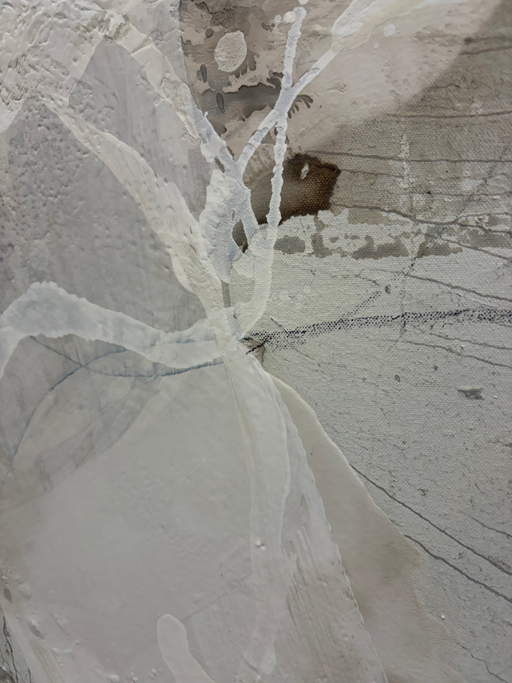 Close-up detail of "Summer Light 3" by Liz Barber, showing white textured brushstrokes over dark brown pigment and fine graphite lines