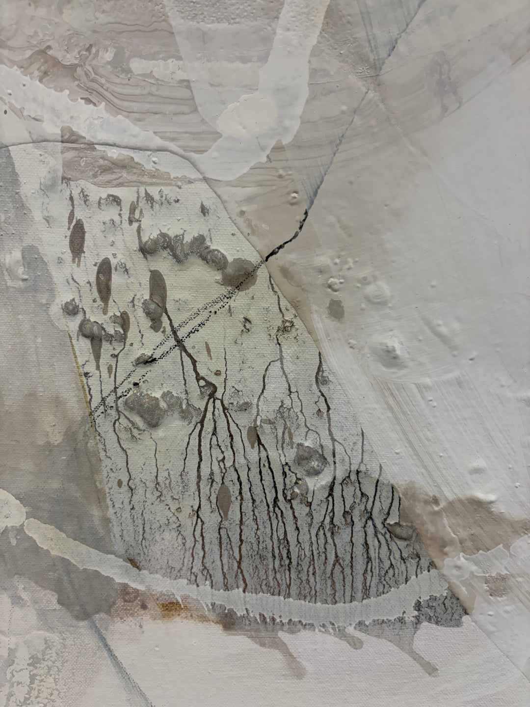 Close-up detail of "Summer Light 3" by Liz Barber, showing dripping ink lines and organic drip marks over a pale beige ground