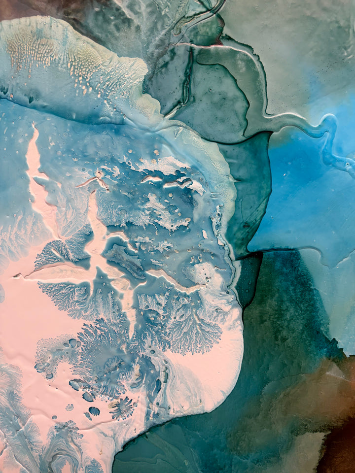 Alternate angled view of "Surf" painting by Liz Barber, framed and mounted on a light gray gallery wall
