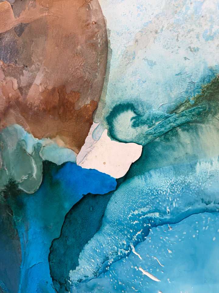 Angled view of "Surf" painting by Liz Barber, framed and mounted on a light gray gallery wall