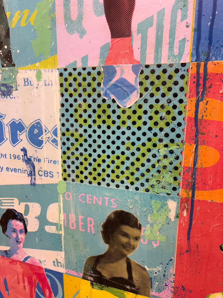 Swimsuits and Heels by Jon Davenport — angled detail of Neo-Pop mixed media painting showing vintage newspaper clippings, halftone dot texture and silhouetted figures in orange and teal tones