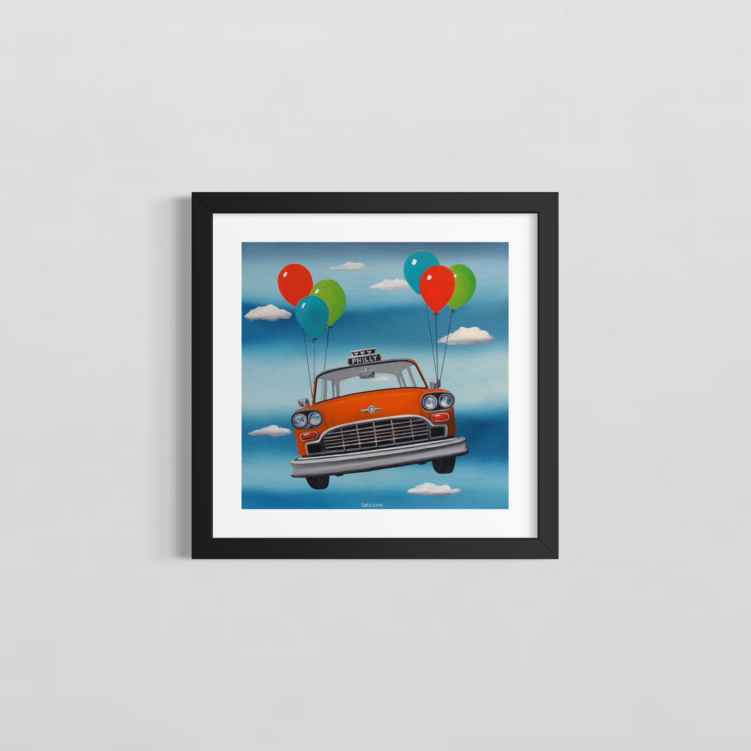 "Taxi" by Italian artist Carlo Trevisan — a surrealist oil painting on canvas depicting a vintage orange Philadelphia taxi cab floating through a blue sky, lifted by six colorful balloons in red, green, and teal. The cab&
