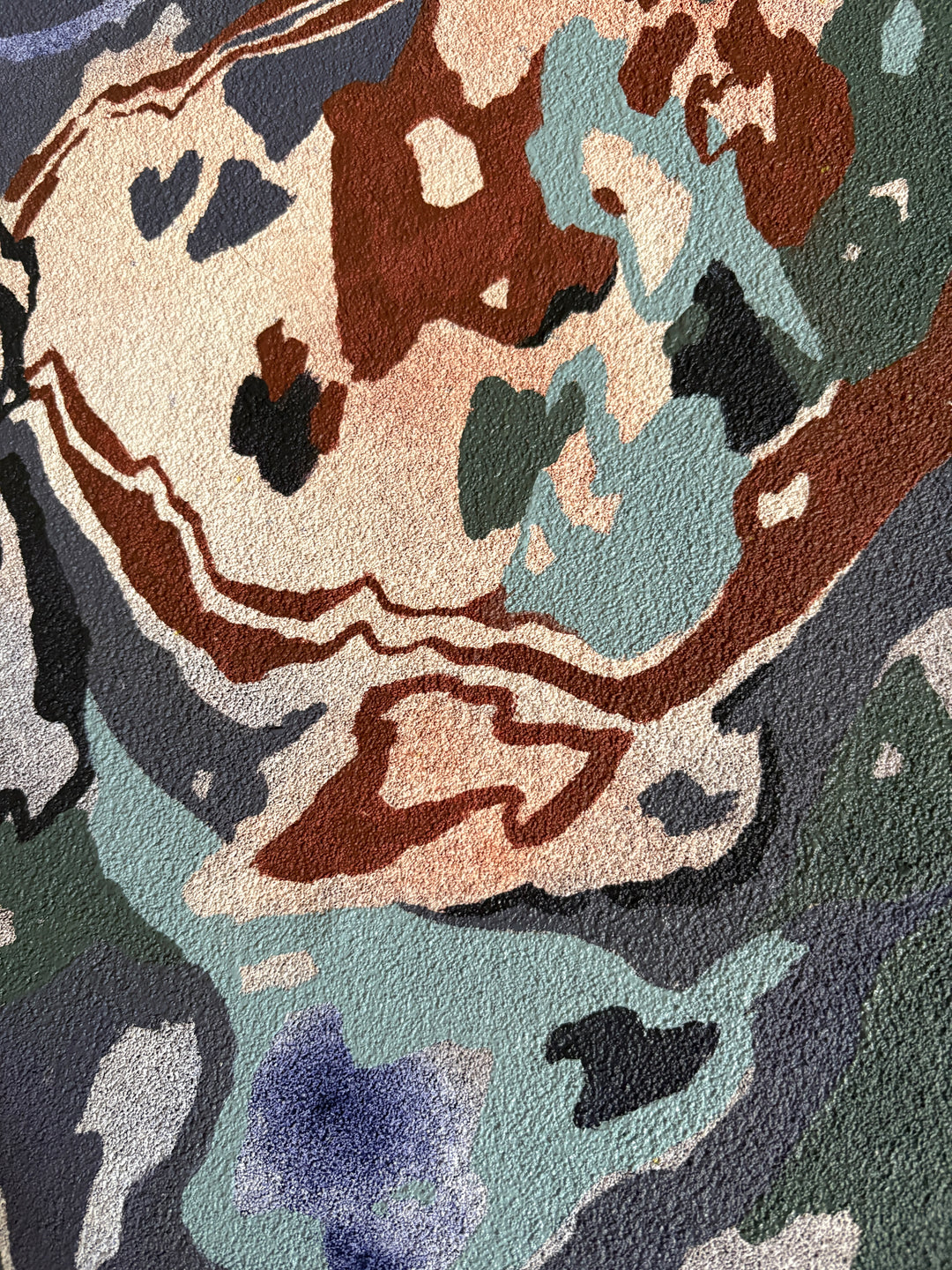 Organic pumice primed canvas painting in oil natural shapes textures abstracted negative space line weight gradient of color blues greens and browns 