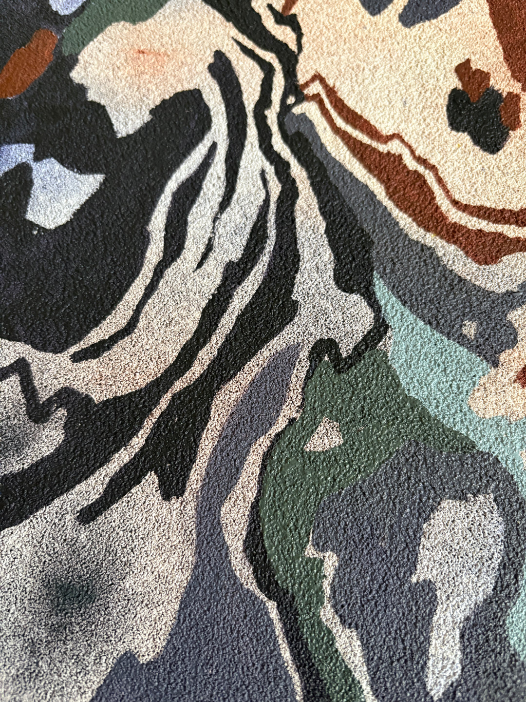Organic pumice primed canvas painting in oil natural shapes textures abstracted negative space line weight gradient of color blues greens and browns 