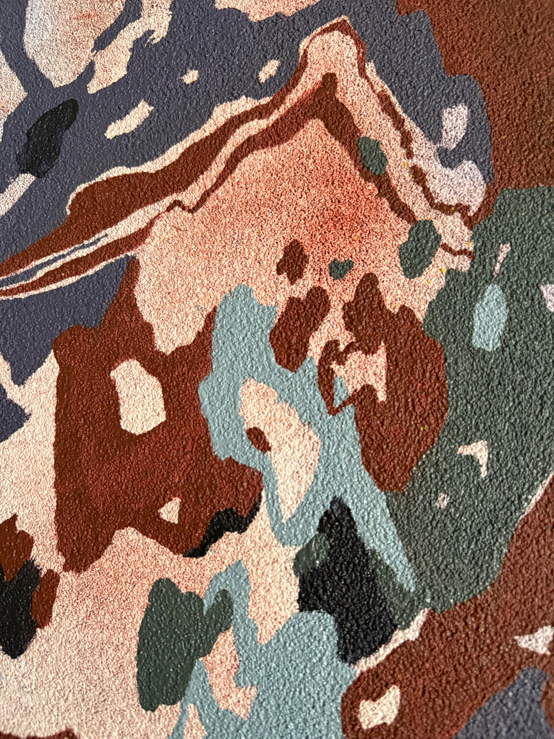 Organic pumice primed canvas painting in oil natural shapes textures abstracted negative space line weight gradient of color blues greens and browns 