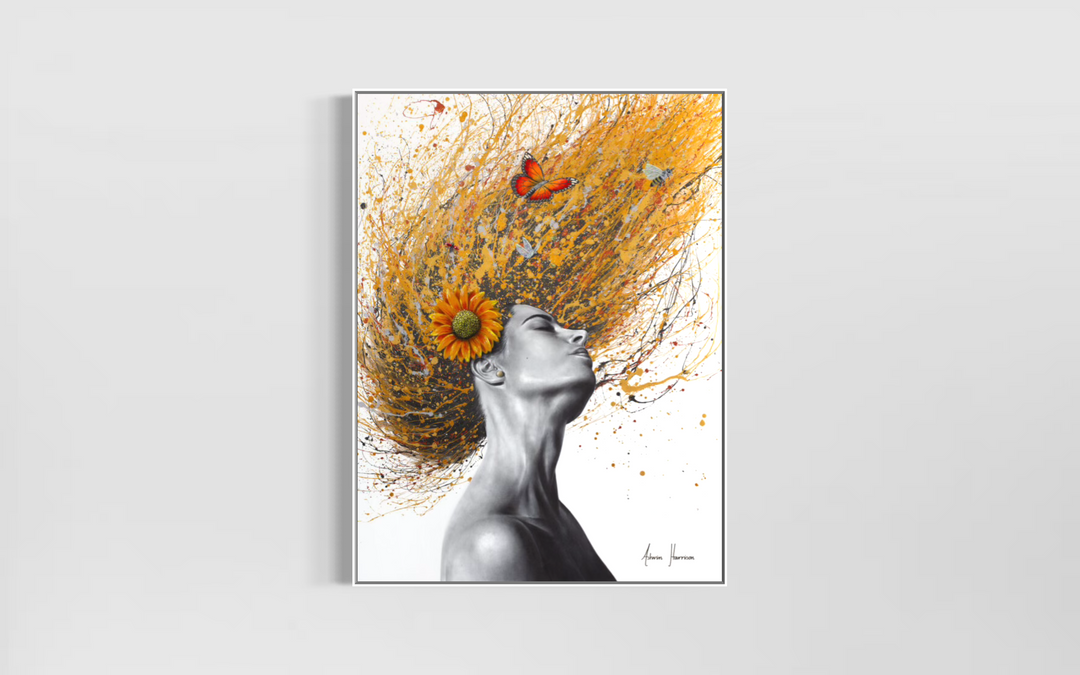 figurative portrait woman flipping hair black and white with range splatter paint hair expressionism with orange flowers and butterflies on white background