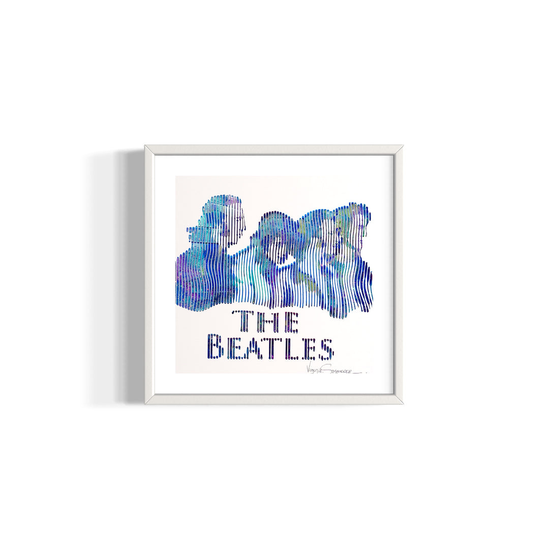 The beatles band music figurative portraiture in blue and green vertical lines on white background