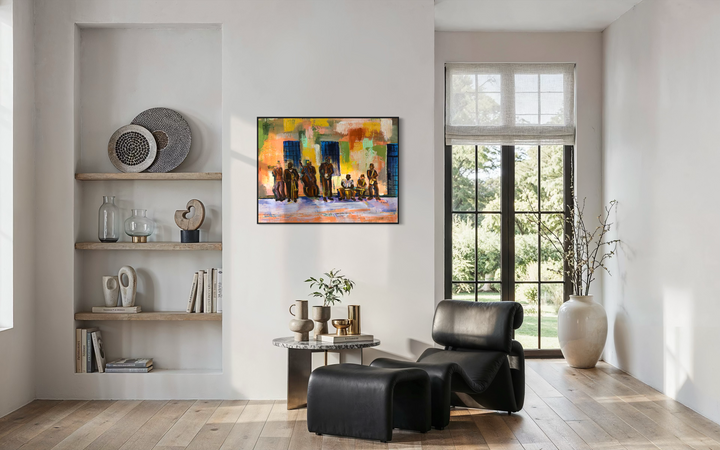 expressionist painting in orange and green with group of prisoner men playing instruments mixed media collage by keith andrews