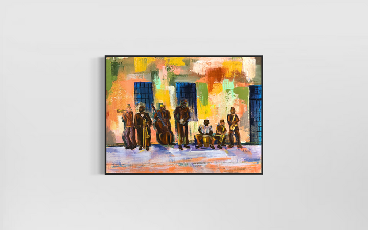 expressionist painting in orange and green with group of prisoner men playing instruments mixed media collage by keith andrews