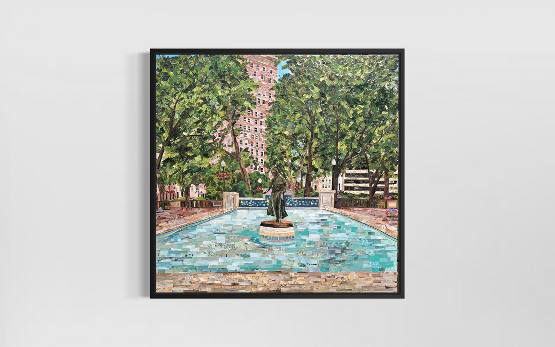 cut paper collage magazine mixed media acrylic landscape painting statue fountain rittenhouse square park philadelphia