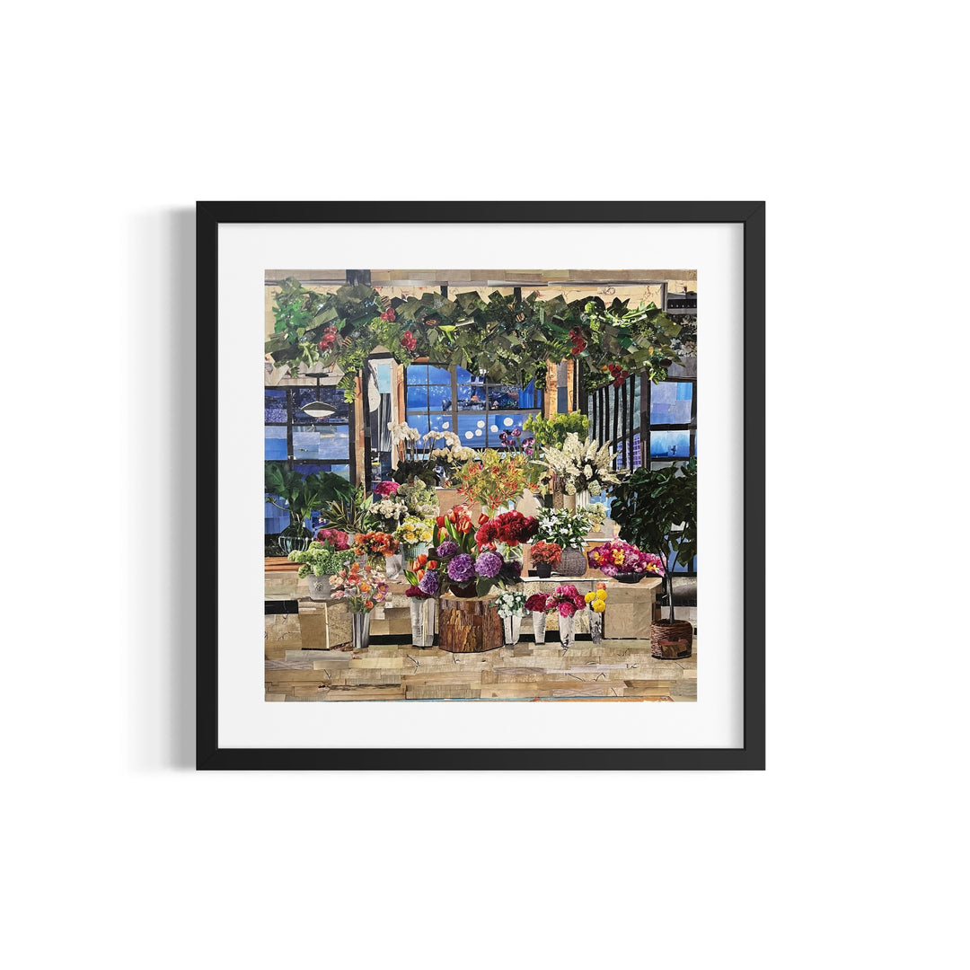 magazine cut paper collage art floral bouquets leaves in pinks purples and greens inside flower shop window