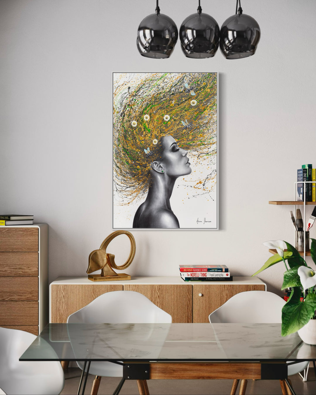 black and white profile womans face and head flipping golden hair back with splatters of green and small daisy flowers and bees in hair on white background