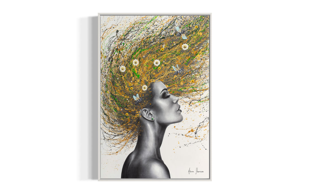 black and white profile womans face and head flipping golden hair back with splatters of green and small daisy flowers and bees in hair on white background