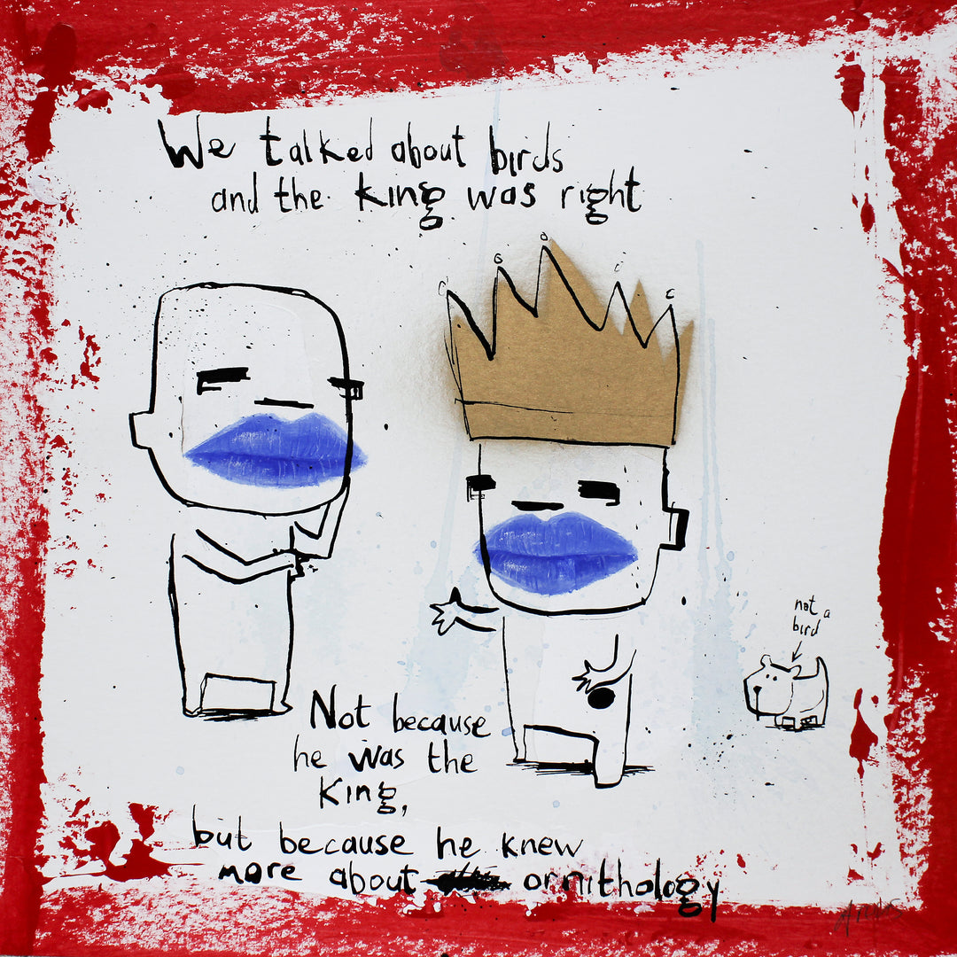illustrative doodle ink drawing realistic blue and red with text comic satire humor gold crown blue lips dog doodle 