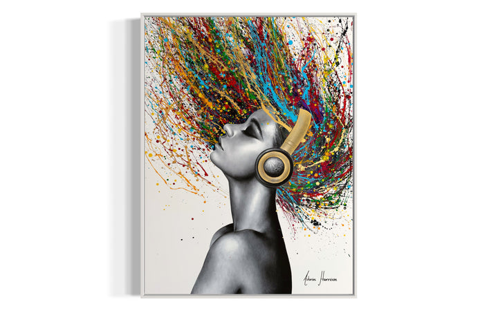 Beautiful woman wearing headphones, painted in black and white coconut charcoal with colorful splattered paint as hair