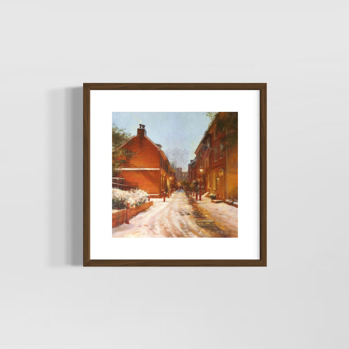 Golden glowing homes at night alley way with snow and light posts nature building home landscape in oil paint