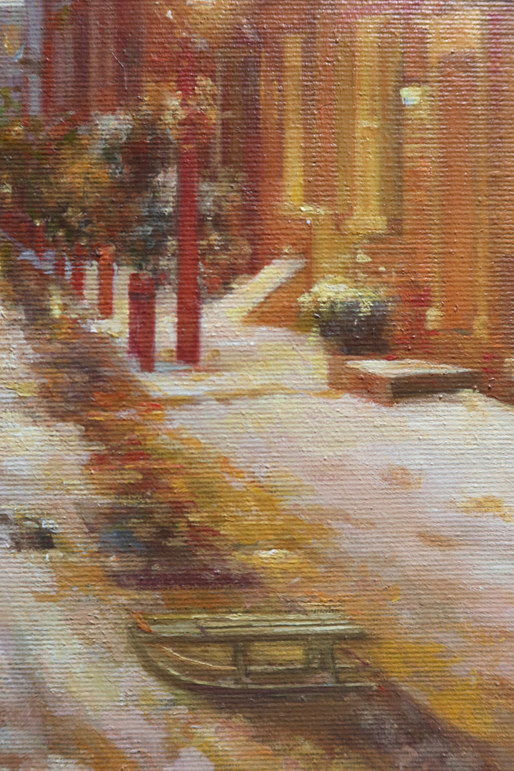 Golden glowing homes at night alley way with snow and light posts nature building home landscape in oil paint