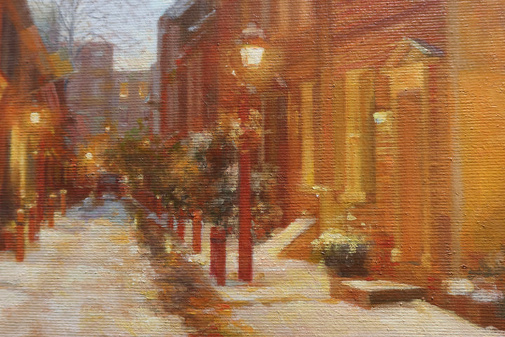 Golden glowing homes at night alley way with snow and light posts nature building home landscape in oil paint