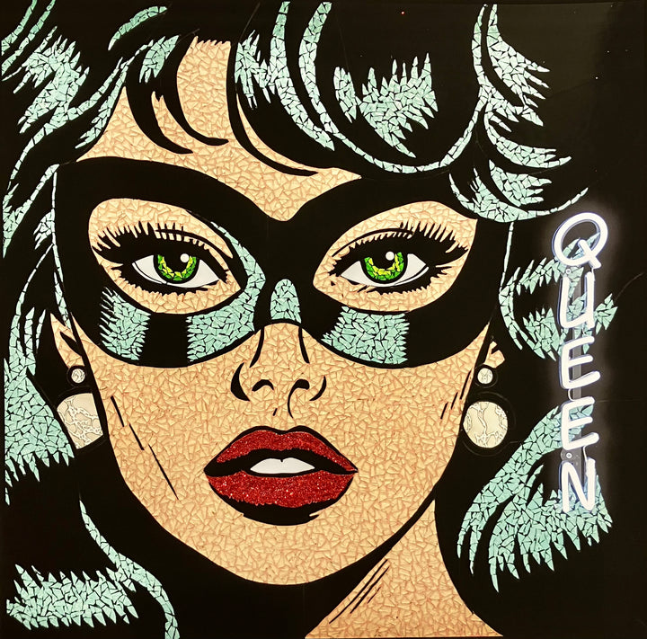 up close female portrait figurative stained glass mosaic hand embellished print woman with black and green hair wearing mask and glitter red lips neon sign queen in white