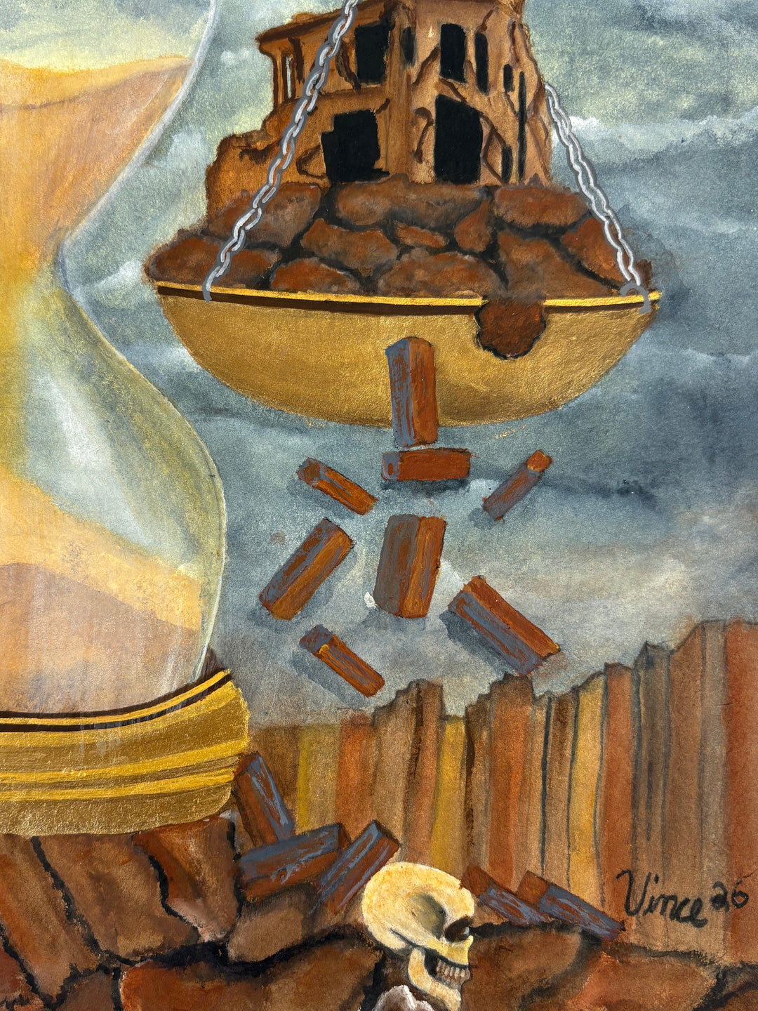 hour glass scale with clock and bricks skulls dark moody acrylic painting in blues and browns
