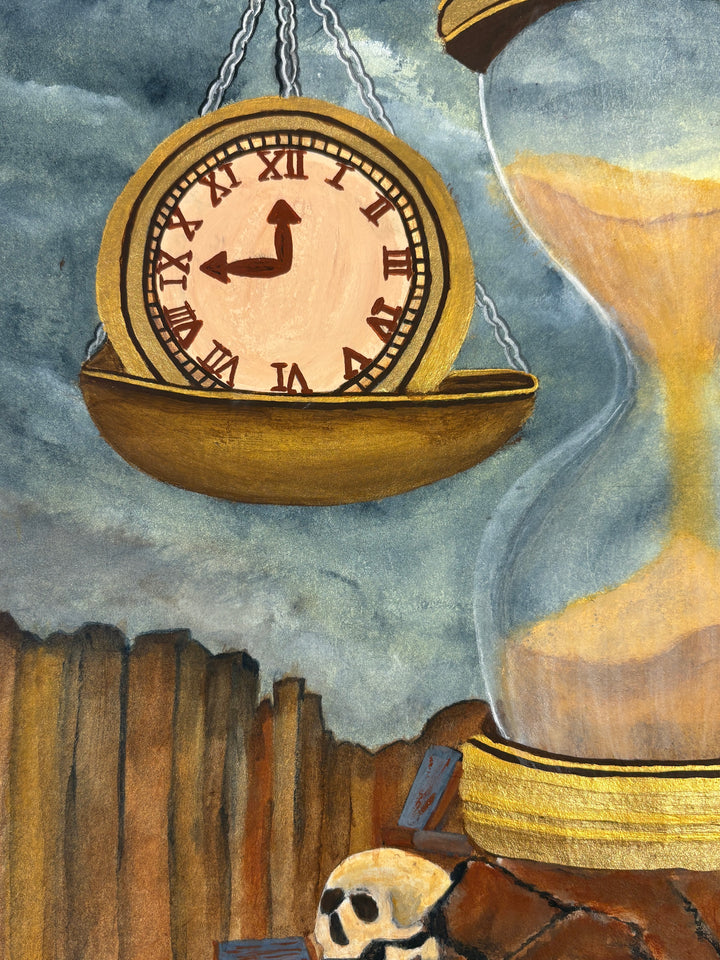 hour glass scale with clock and bricks skulls dark moody acrylic painting in blues and browns
