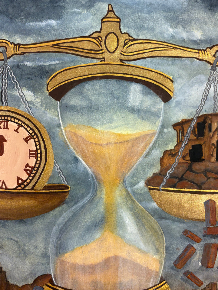 hour glass scale with clock and bricks skulls dark moody acrylic painting in blues and browns
