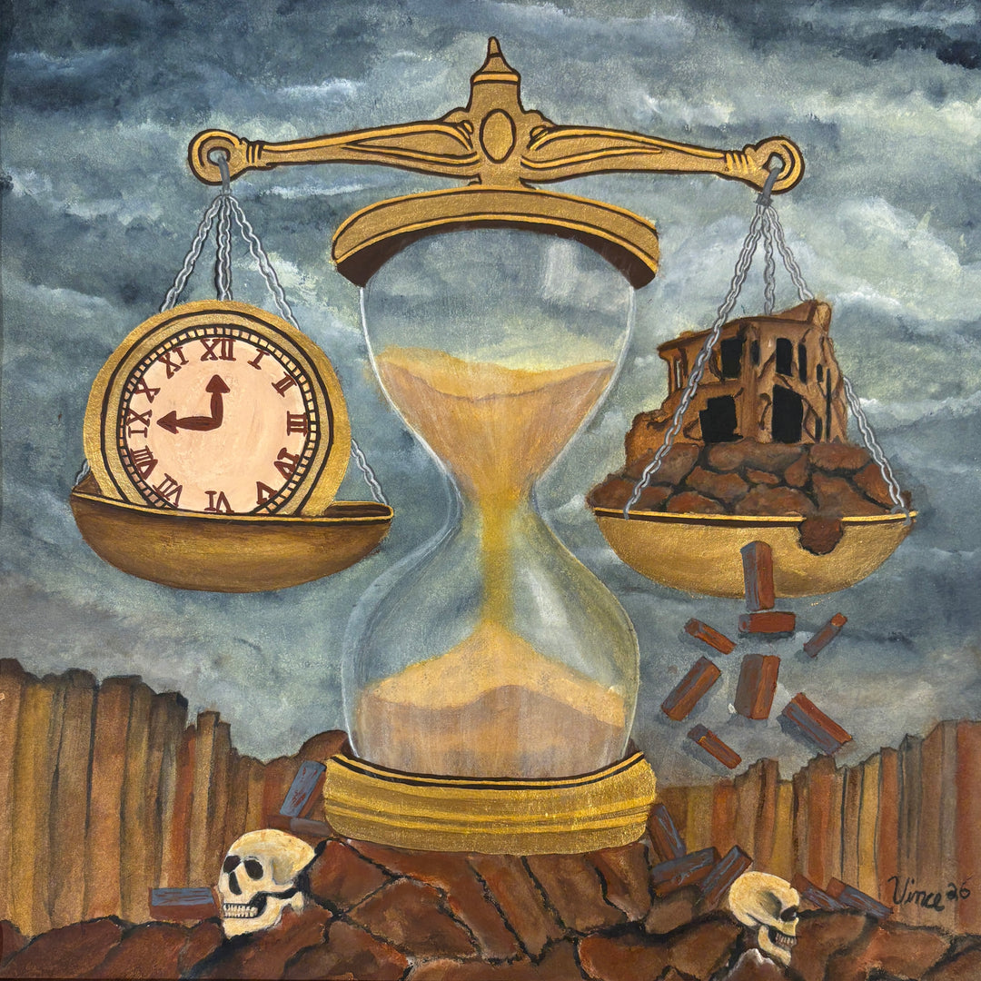 hour glass scale with clock and bricks skulls dark moody acrylic painting in blues and browns
