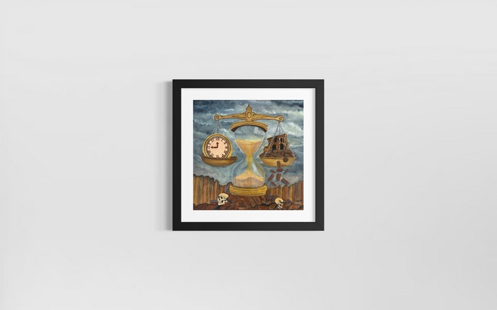 hour glass scale with clock and bricks skulls dark moody acrylic painting in blues and browns