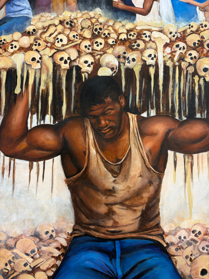 Black man figure carrying heavy skulls symbolism family clock weight of time light colored browns and blue